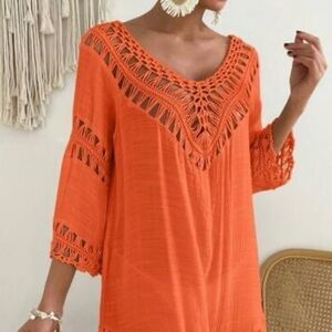Crochet Bohemian Beach Swim Coverup Orange, Boho